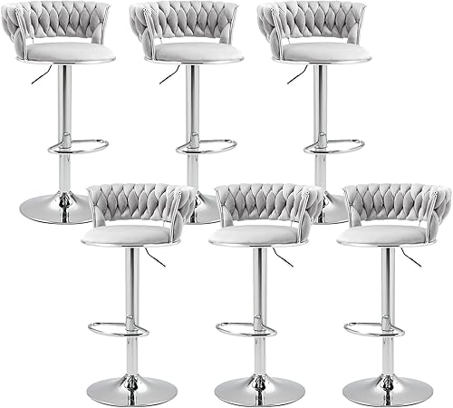 Miniatura 22 de Juego de 2 taburetes de bar giratorios de terciopelo, modernos taburetes de bar ajustables con respaldo tejido, taburete de bar de altura de Negro