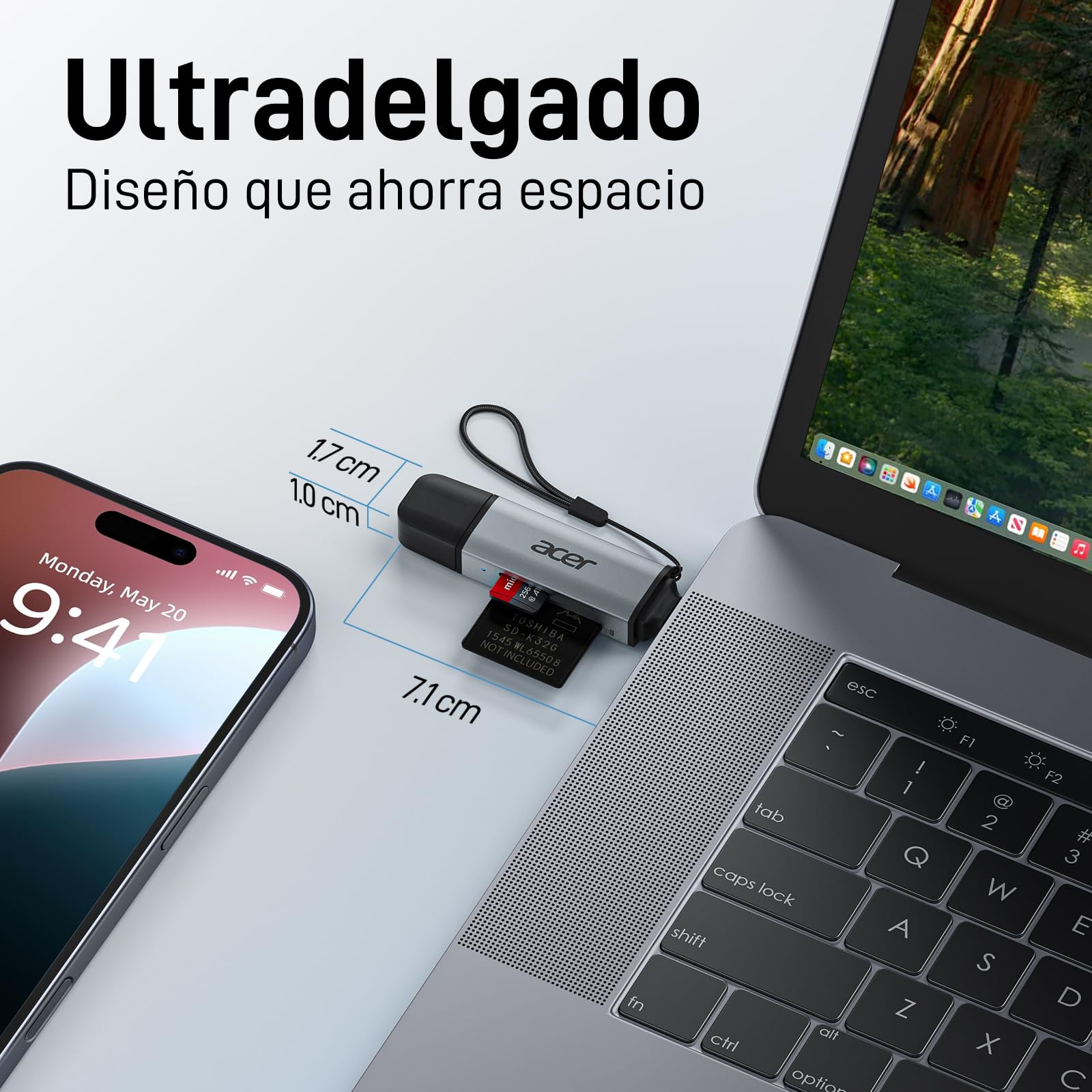 acer Lector de Tarjetas SD/Micro SD, Adaptador de Lector Tarjetas USB C y USB 3.0 Dual Conector, Compatible con SD/Micro SD/SDHC/SDXC/MMC para iPhone 15/16 Pro MAX, MacBook Air/Pro, Galaxy S25, etc.