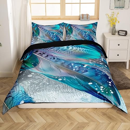 Miniatura 3 de Funda de edredón de plumas para niños, tamaño Queen, juego de ropa de cama colorida occidental con estampado de plumas de pavo real y pájaros, funda