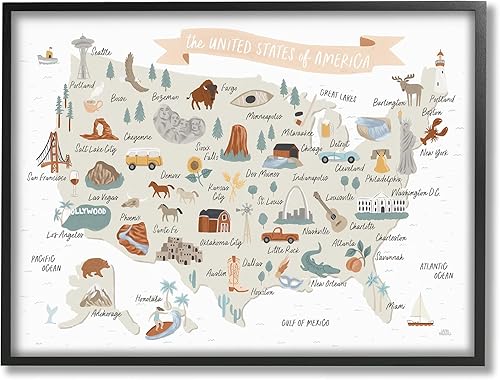 Stupell Industries Mapa ilustrado de los Estados Unidos, color marrón suave, diseñado por Laura Marshall Black Framed Wall Art, 14 x 11, beige