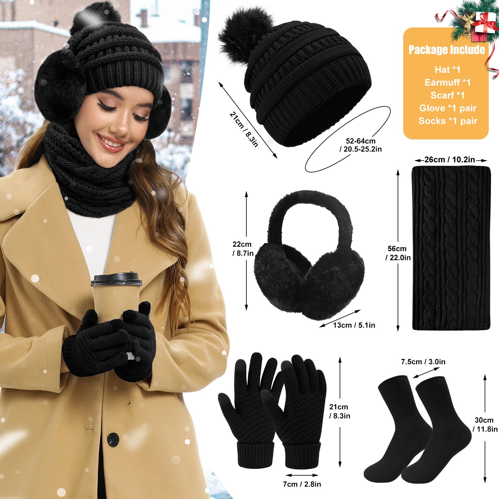 Packs Bonnet Écharpe Gants 5 en 1 Bonnet Hiver Pompon Echarpe Tricotés Gants Tactiles Cache-Oreilles Extensible Chaussettes Chaud avec Doublure Polaire pour Femme