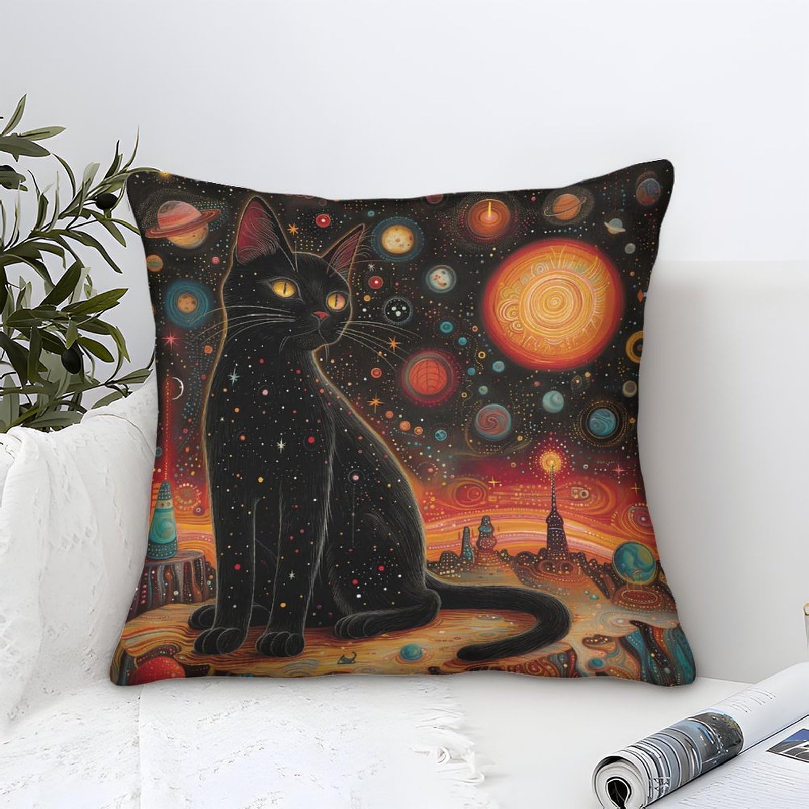 Yyvkpmlxc Style-8 Pillow Cases Black Cat Modern Art Decorative,Cosmic Art Pattern Square Cushion Cover Soft Polyester Pillowcases For Couch Bedroom Sofa Car Home Living Room Decor 40X40cm