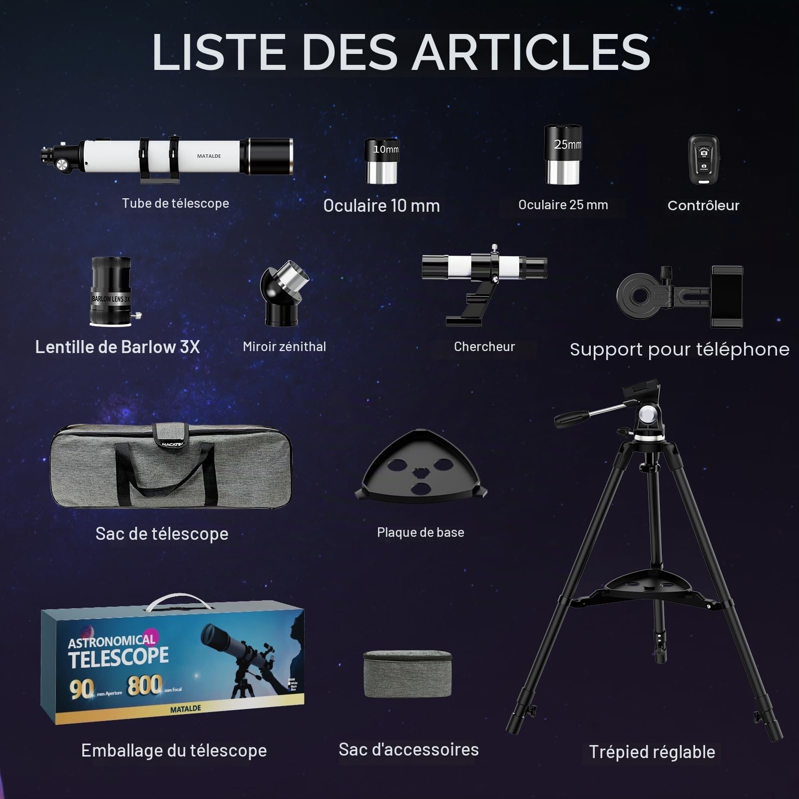 Télescope réfracteur de 800 mm de focale et d'ouverture de 90 mm, idéal pour débutants et Adultes. Grossissement de 32x à 240x. Lentille de Barlow 3X et Adaptateur pour téléphone Inclus (Blanc)