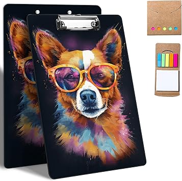 Plastic Clipboards, 9 x 12.5 Clip Boards with Low Profile Clip, Cute Clipboard Clip Board Stardard A4 Letter Size with Notes for Classroom,Office,Students,Women,Kids,Art Dog