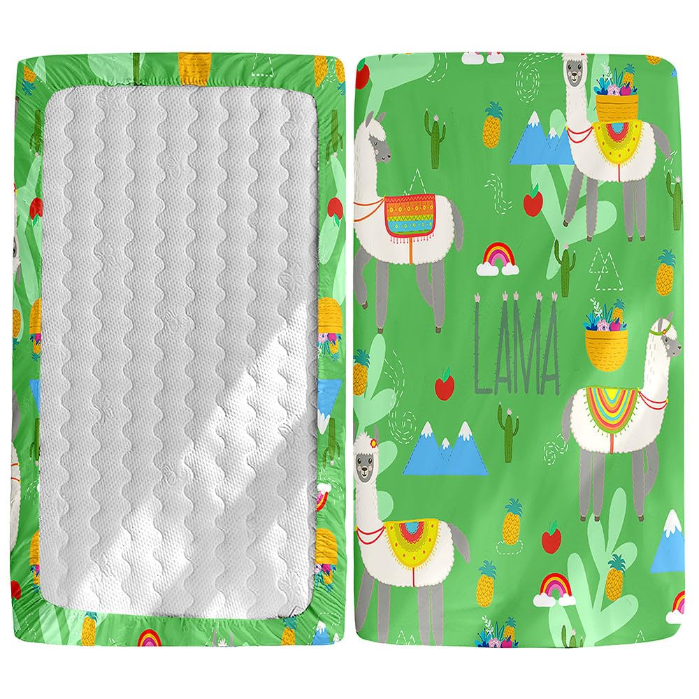 Odot Cot Bed Fitted Sheets, Toddler Baby Travel Cot Sheets, Cute Alpaca Print Microfiber Mattress Protector Cozy Breathable Bedding for Bedside, Cradle, Cribs, Bassinet (85x51cm,Green Summer)