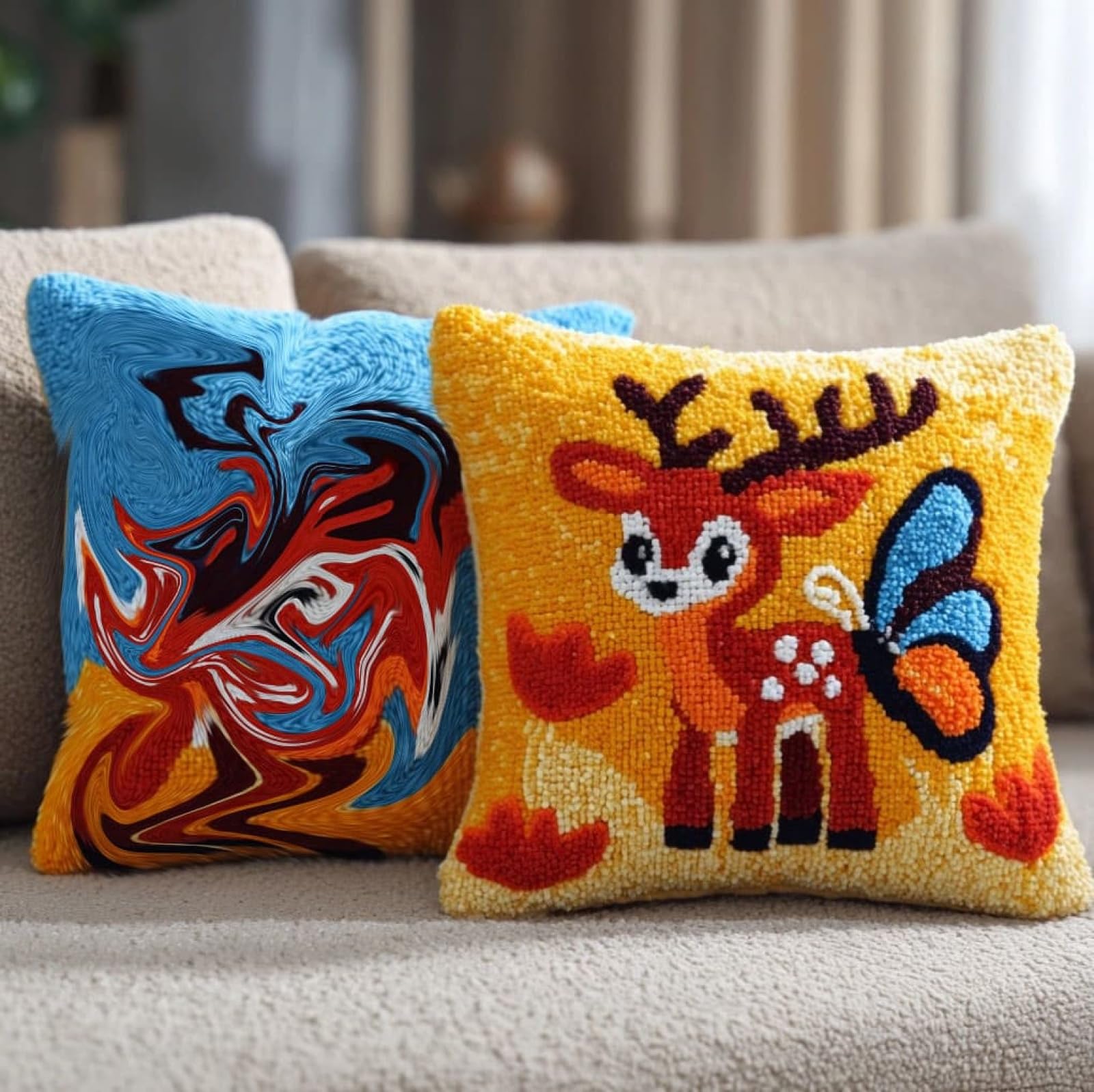 Wallustrioaw Cartoon Deer Flowers Latch Hook Pillow Case Kits,