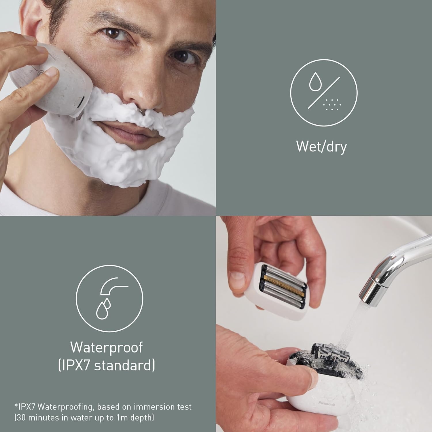 Man applying shaving foam and using the Panasonic Series 900s shaver for a wet shave, and a close-up of the shaver head being rinsed under water.