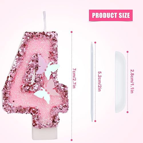 Miniatura 2 de Velas de números de cumpleaños de 2.7 pulgadas, velas de números rosas para decoración de pastel, velas de cumpleaños de mariposa con lentejuelas y