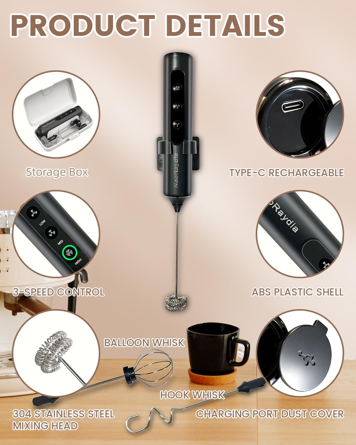 Espumador de leche eléctrico de mano, espumador inalámbrico de 3 velocidades recargable por USB-C con batidor de acero inoxidable, espuma de 10 segundos para café, latte, matcha, batidos de