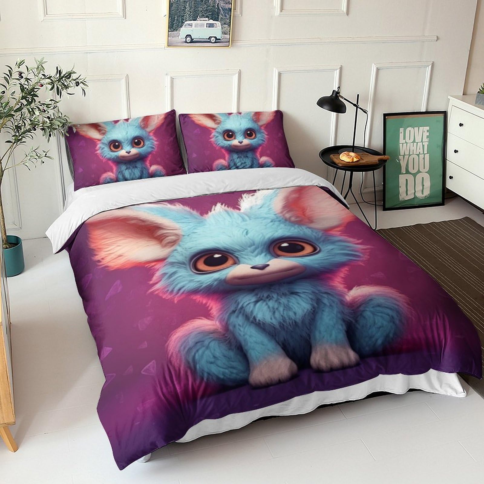 Parure de lit lapin bleu 3 pièces en microfibre avec housse de couette et taies