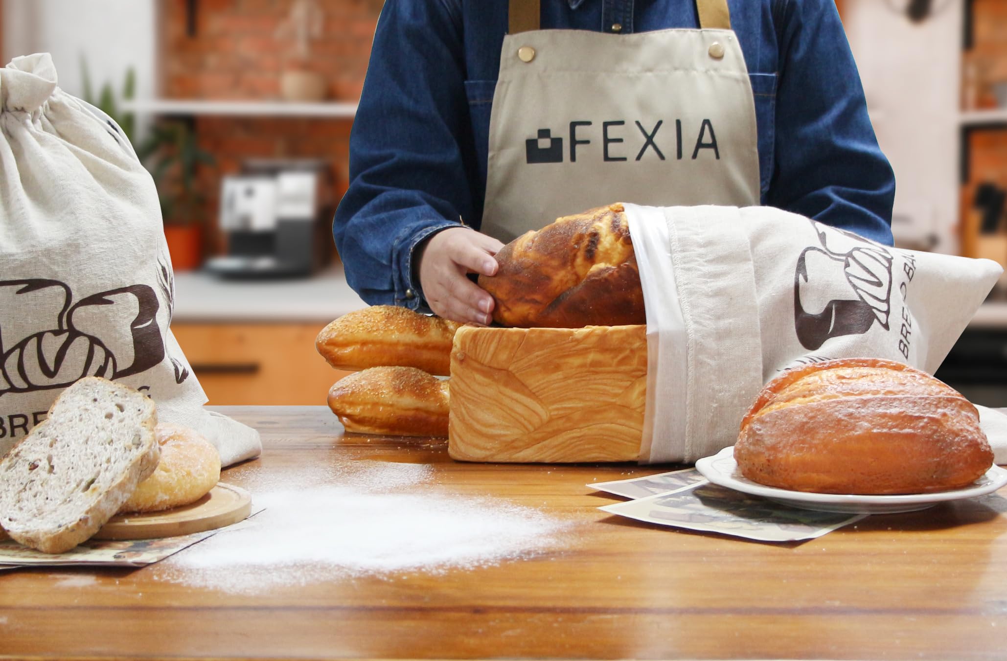FEXIA Brotbeutel für selbstgemachtes Brot, wiederverwendbar, mit Leinen und Kunststoff, ideal für die Aufbewahrung von Sauerteig und selbstgemachtem Brot, 43,2 x 33 cm, 2 Packungen