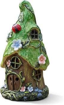 The Enchanted Garden Solar Fairy House 22cm Green Roof Ornament   Hand-Painted Resin Decoration with Solar Light   Weatherproof Elf Pixie Statue   Magical Gift for Garden Lovers
