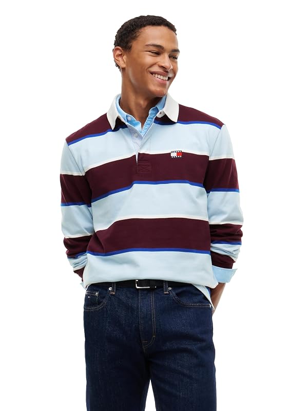 Tommy Jeans Men's Long Sleeve Cotton Rugby Polo Shirt in Relaxed Fit, Calypso Berry Stripe Small by Tommy Jeans - Used condition - US$107.14