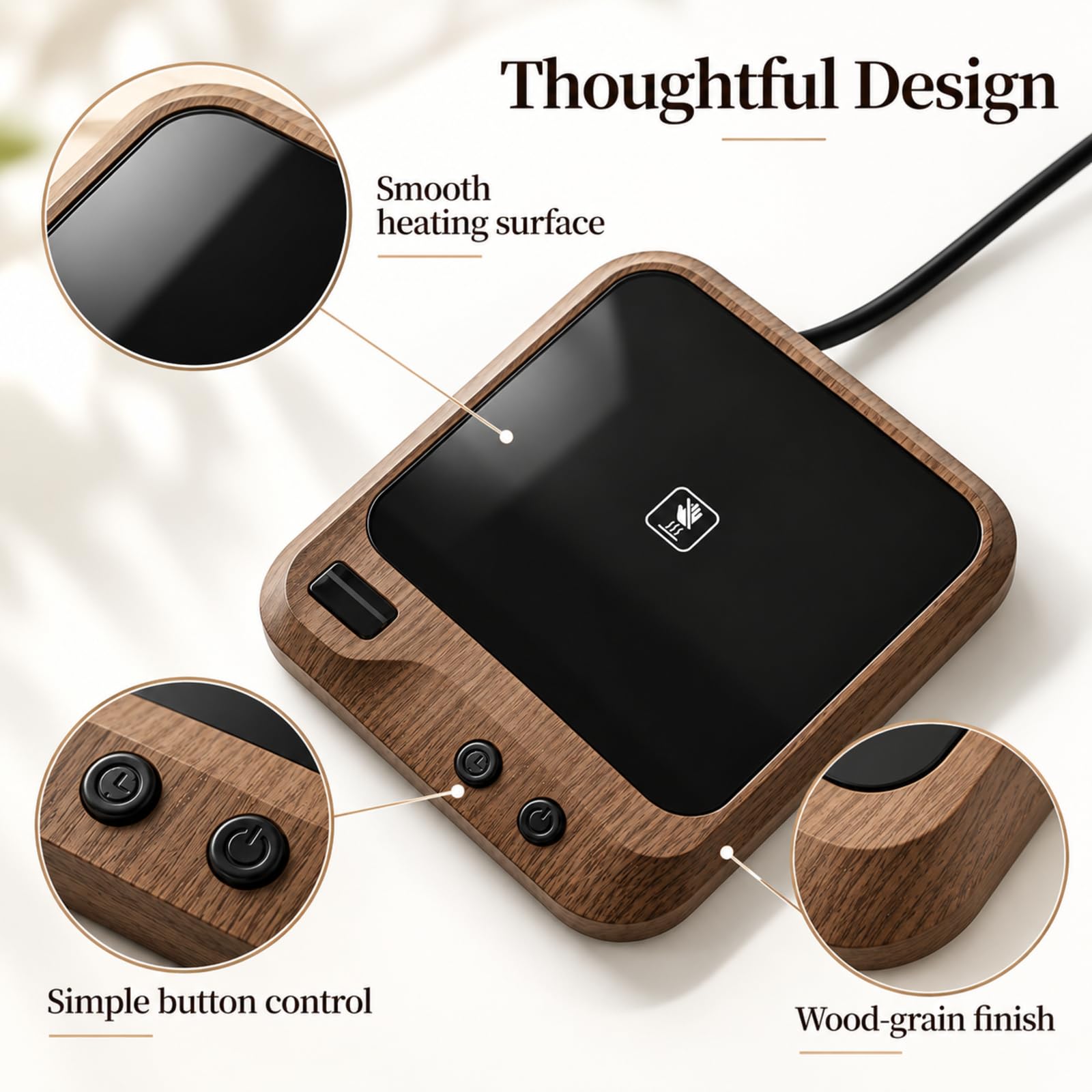 Tapis chauffant électrique, chauffe-boisson de bureau, chauffe-tasse réglable de 20 W pour café, thé et lait. Finition grain de bois, contrôle à deux boutons. Convient pour les tasses à café, les
