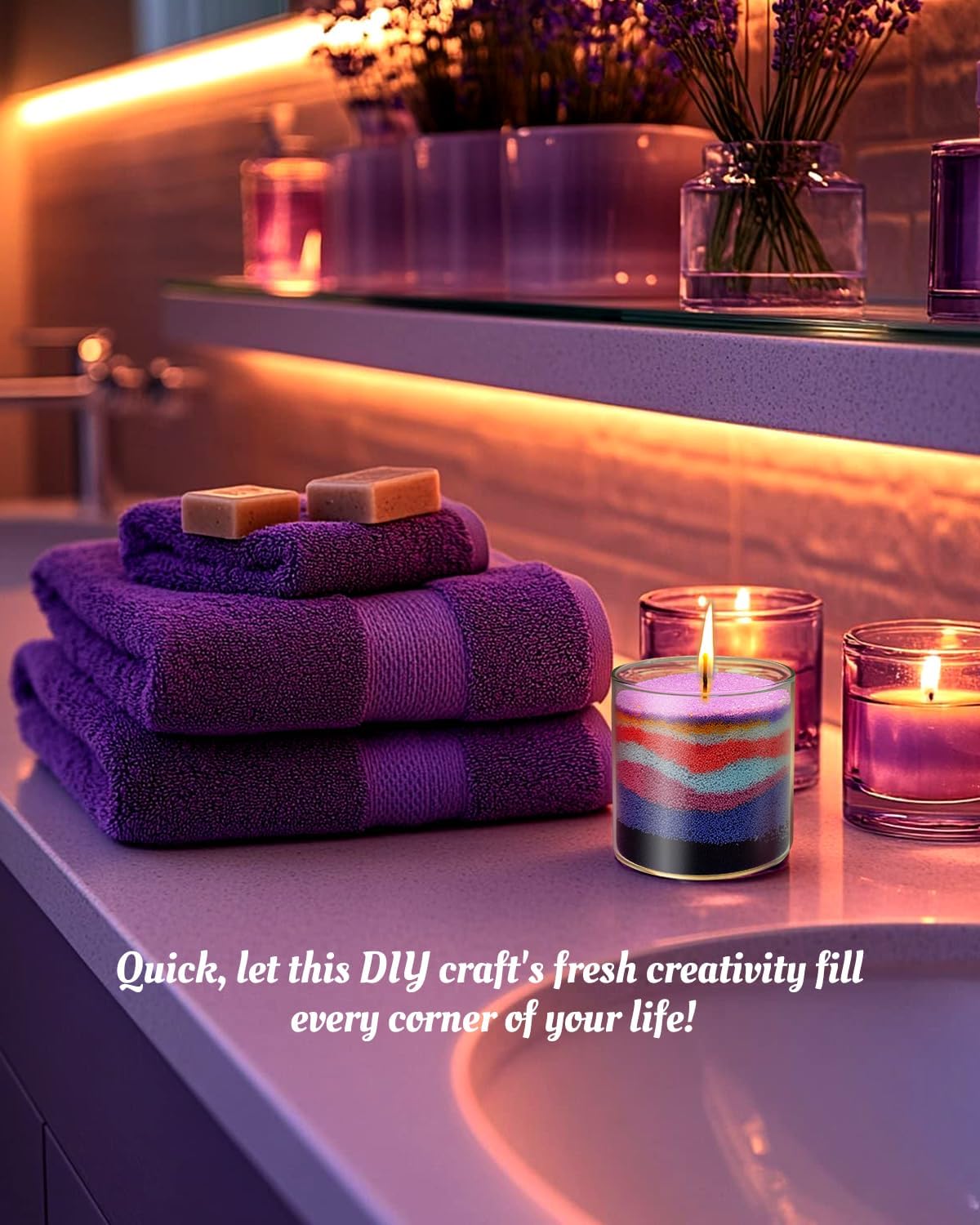 Lavender Field DIY Pearled Candle Sand Set -11 Oz Sand Wax Beads (6 Colors), 2x10ml Scented Essential Oils, 4 Reusable Wicks, Glass Cup & Spoon, Home Decor & Handmade Gift & Craft Enthusiasts