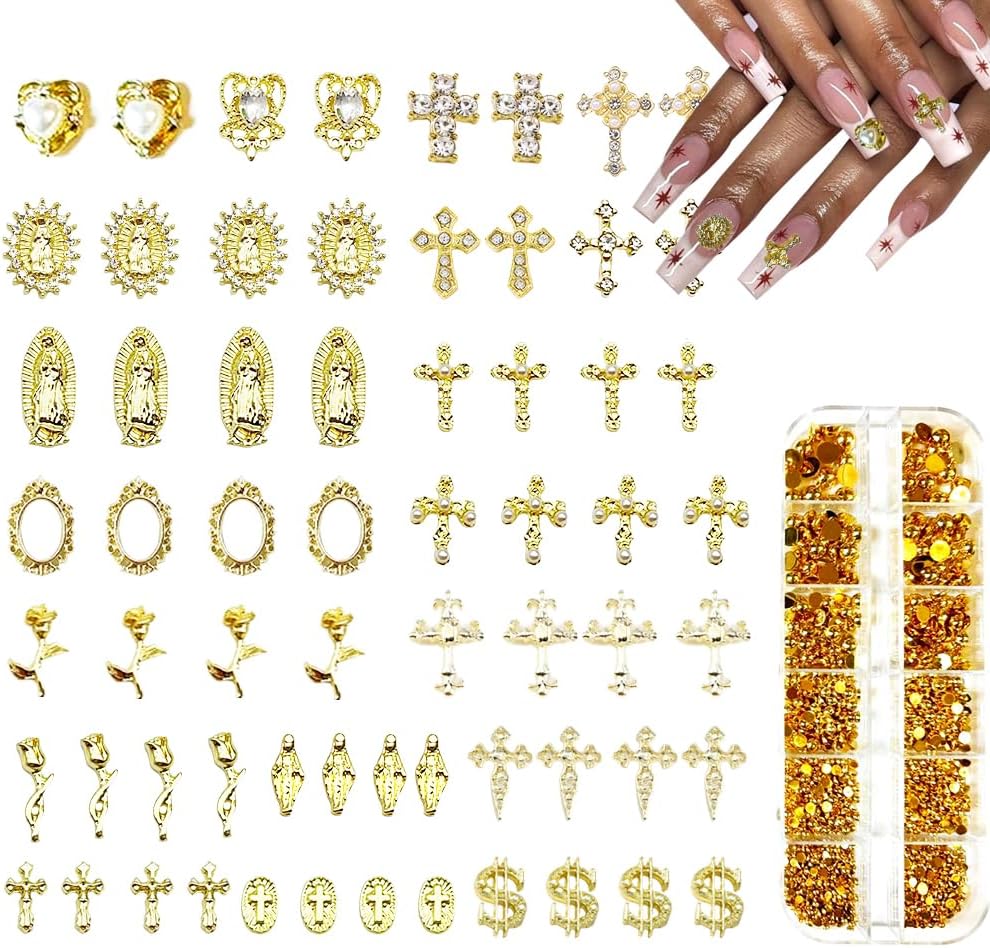 3D Cross Nail Charms, Gold Flat-Back Bead Charms for Nails, Nail Charms and Gems for Nail Art DIY Design, Nail Rhinestones Accessories Bulk (Gold)