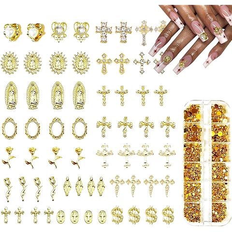 3D Cross Nail Charms, Gold Flat-Back Bead Charms for Nails, Nail Charms and Gems fo...