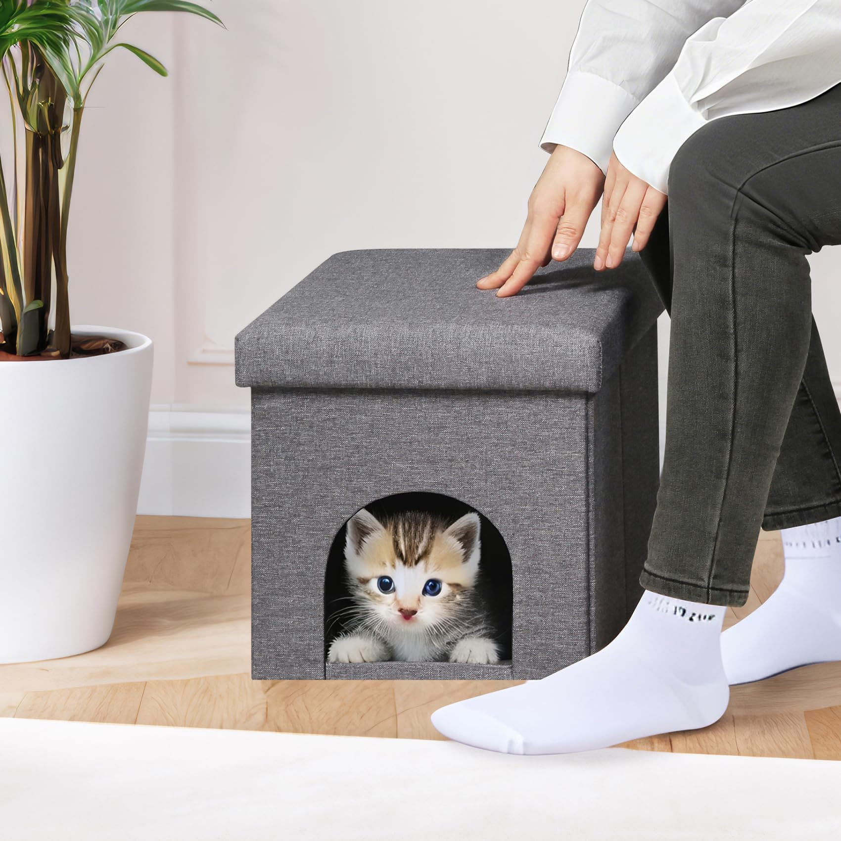 PINPLUS Maison pour Chat avec Coussin, Tabouret Pliable pour Chats, Cube Stable avec Couvercle Amovible, Cachette Confortable pour Dormir et Jouer