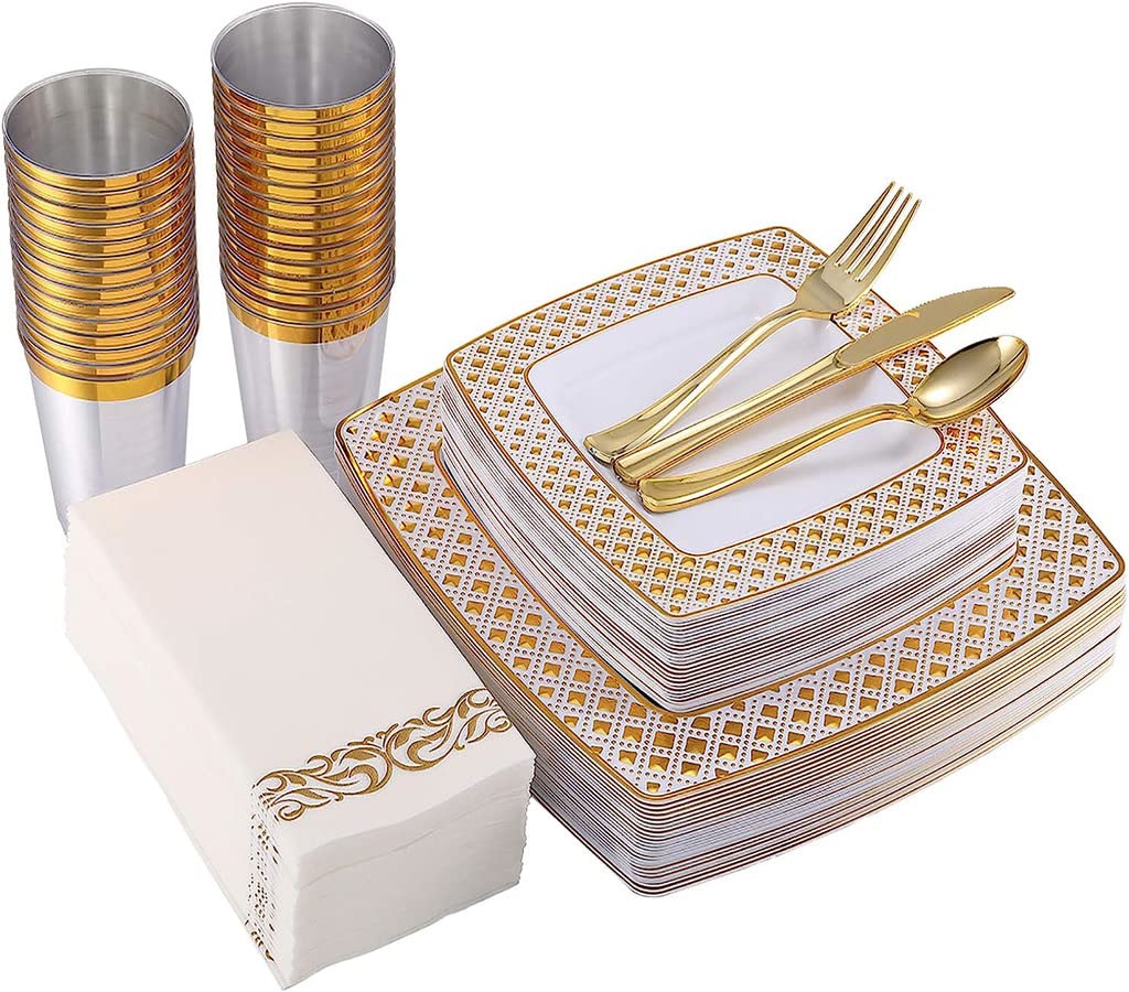 175 PC Gold & White Square Disposable Dinnerware Set - Fancy Disposable Plastic Plates Set - 25 Guest Serving Dinner Set, Cutlery Set For Party (GOLD)