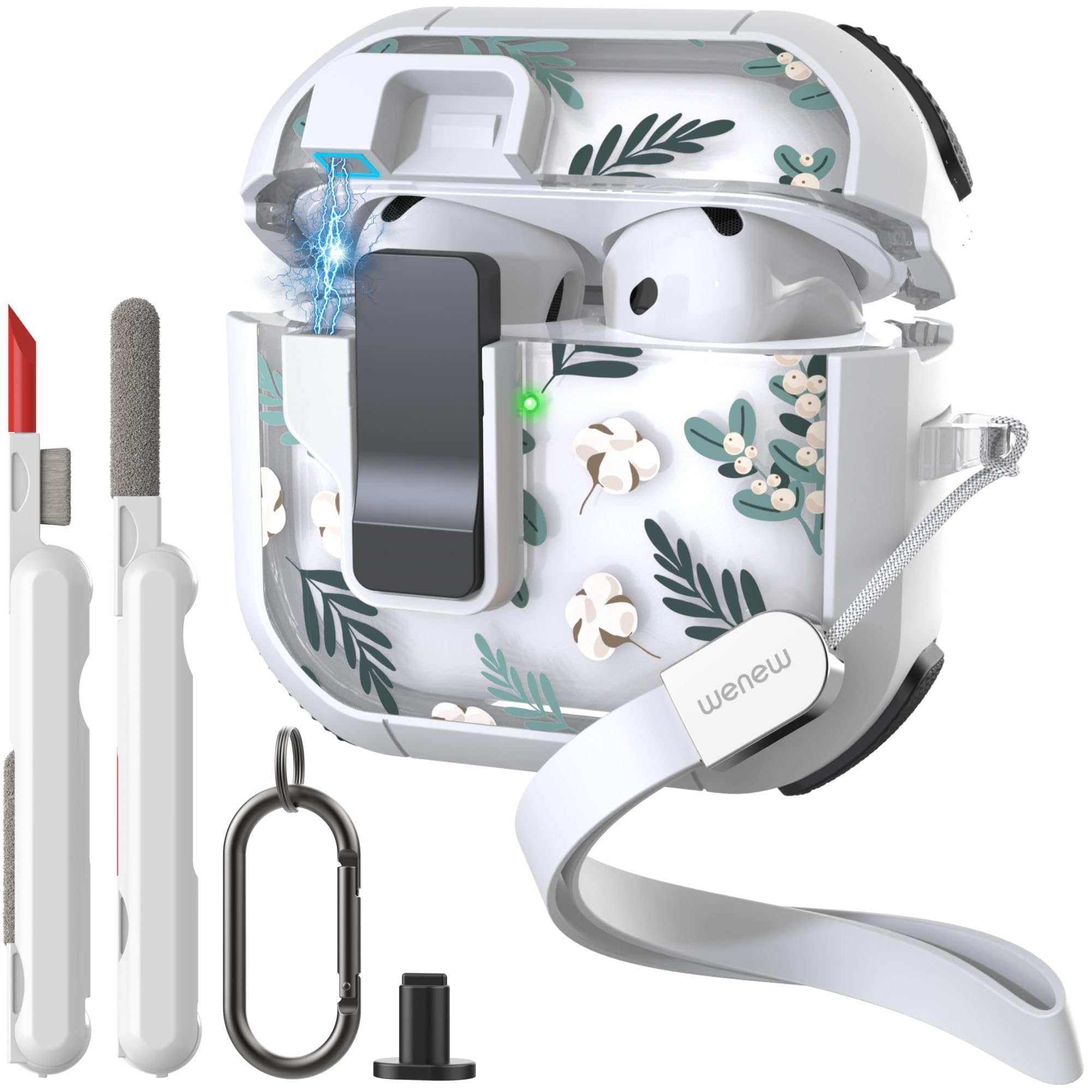 WENEW Case for AirPods 4th Case Cover Secure Lock Automatic Snap Switch Clip Cleaner Kit Lanyard Women Stylish Flower Armour Hard Shell Full Body Front LED Visible (Green Leaves, AirPods 4th)