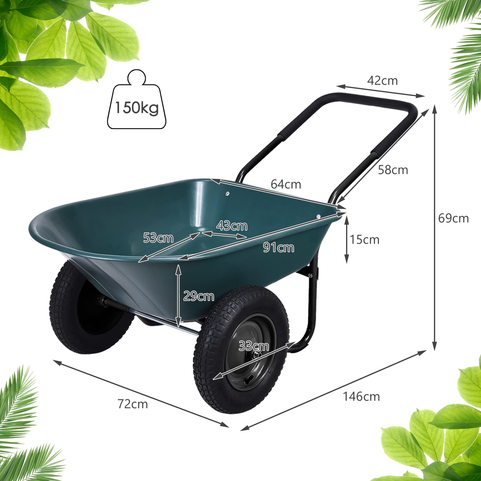 Questo Carrello, carriola da Giardino a 2 Ruote, Carrello da Giardino Resistente da 150 kg con Pneumatici e Maniglia in Acciaio Verniciato a Polvere, Carrello Ribaltabile per Esterni per Gia