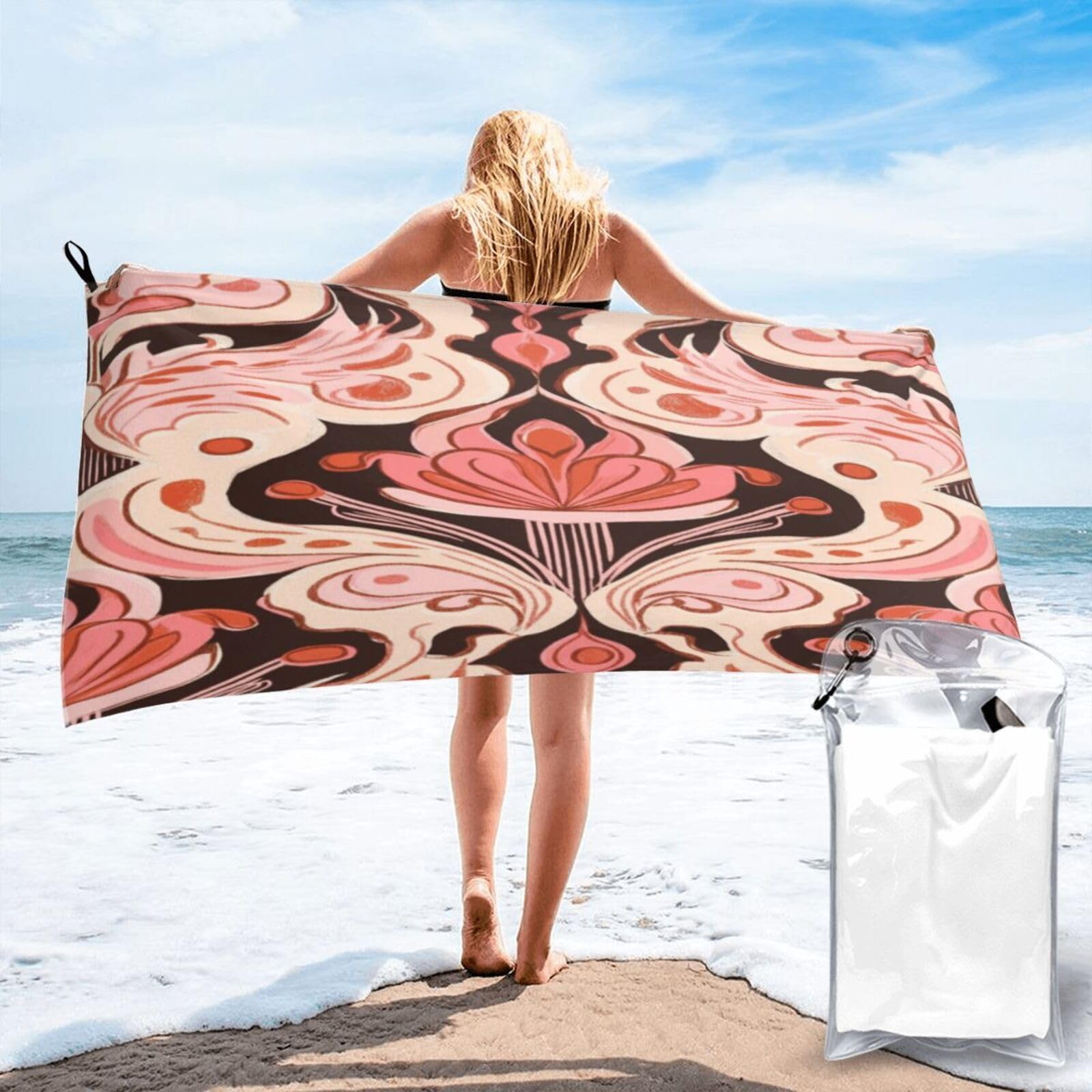 Anceky Ornate Floral Pattern, Vintage Style Quick Dry Microfiber Travel Towel with Carry Case and Carabiner 27.5"X55"