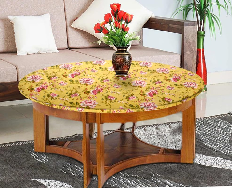 Image of The Furnishing Tree Elastic Cotton Round Center Table Cover 24x24 in Inches Floral Pink Rose on Yellow Base