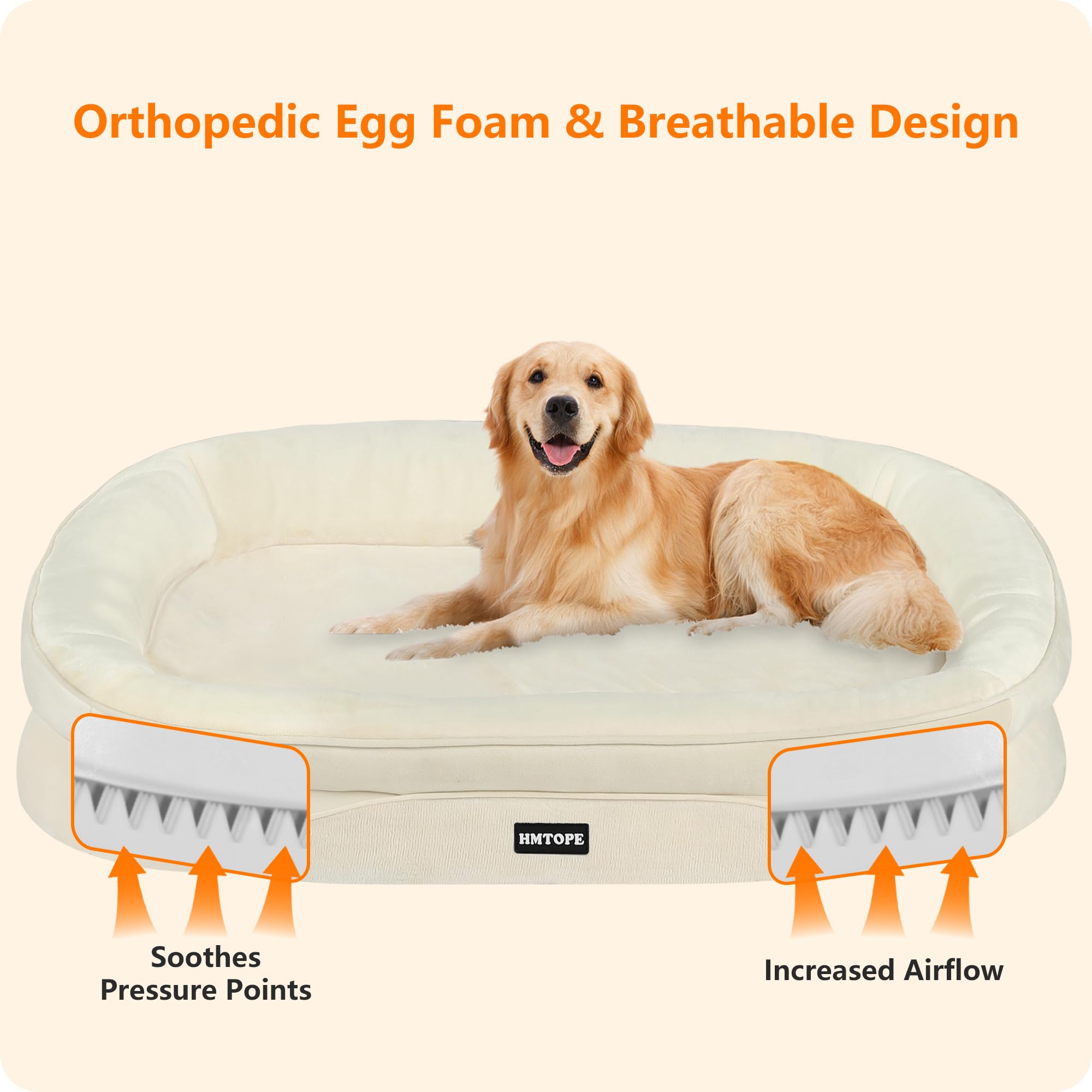 HMTOPE Cama ortopédica para perros, sofá para perros, cojín cervical de cuatro lados, base antideslizante, cesta para perros, extraíble y lavable, perros medianos y grandes, 106 x 79 x 17 cm, beige