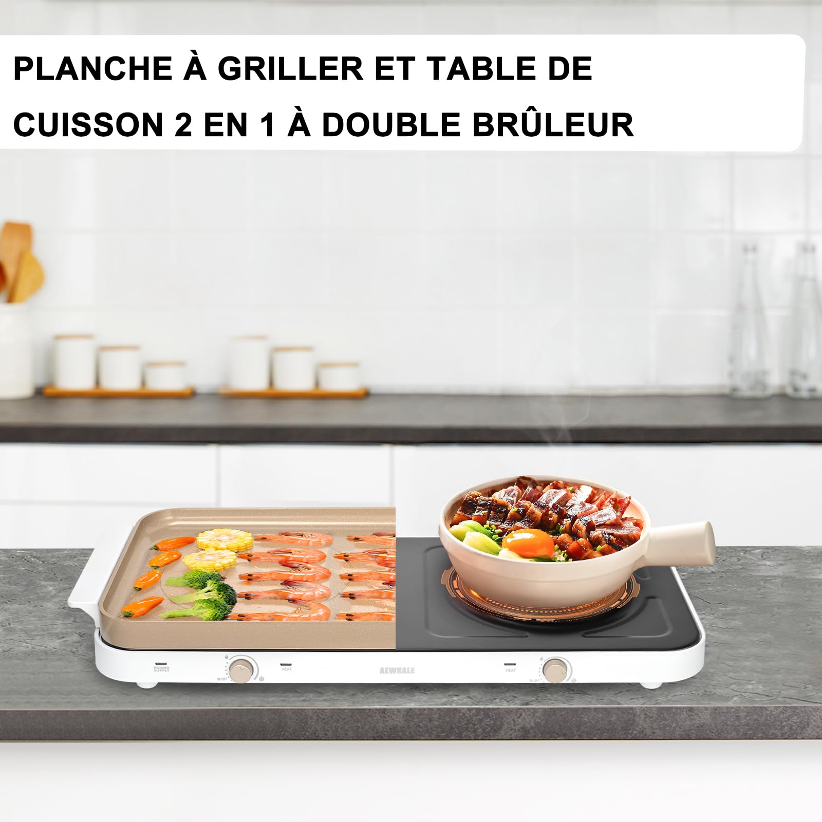 AEWHALE 1000W+1000W Plaque de Cuisson Electrique 2 Feux Doré | Plaque de Gril Amovible Antiadhésive en Céramique, Température Réglable pour Le Jardin, la Cuisine à Domicile et Le Camping