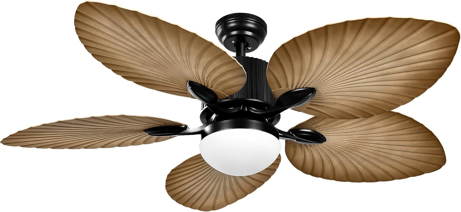 YITAHOME Tropical Ceiling Fan with LED Light and Remote, 52 Inch Outdoor Palm Leaf Fan for Patio with Memory Function, 5 Leaf Blades, Reversible DC Quiet Motor, for Porch, Farmhouse, Indoor Light wood grain
