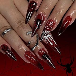 Halloween Press on Nails Long Almond Fake Nails Dark Red False Nails Black Spider Web White Dripping Blood Design Gradient Glue on Nail Glitter Stick on Nail for Women Decor Manicure Supplies