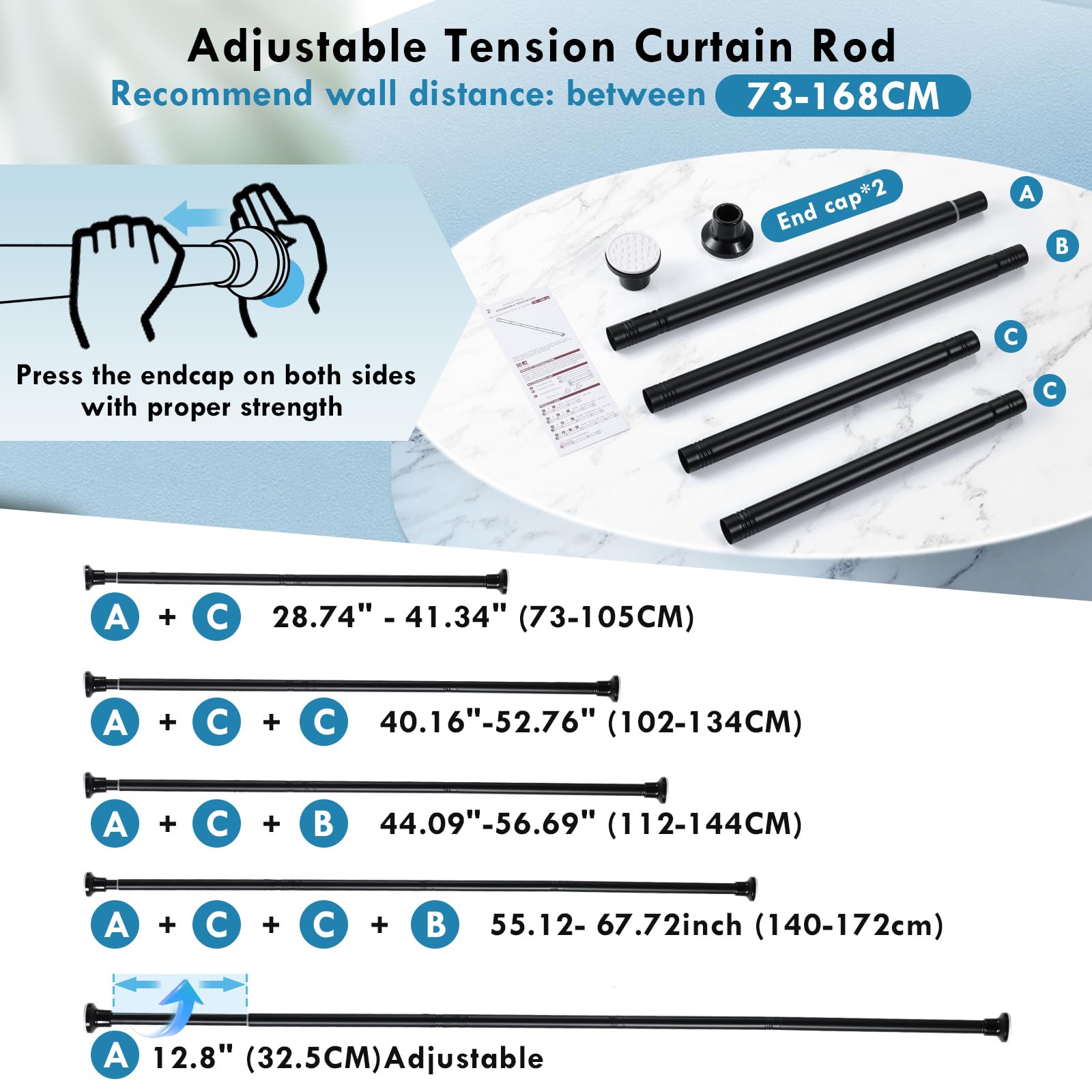 Extendable Shower Curtain Pole 73-172cm Stainless Steel Shower Curtain Rod Tension Rod Adjustable Telescopic Curtain Poles No Drilling Shower Curtain Rail for Bathroom Window Kitchen Wardrobe Black - Image 2