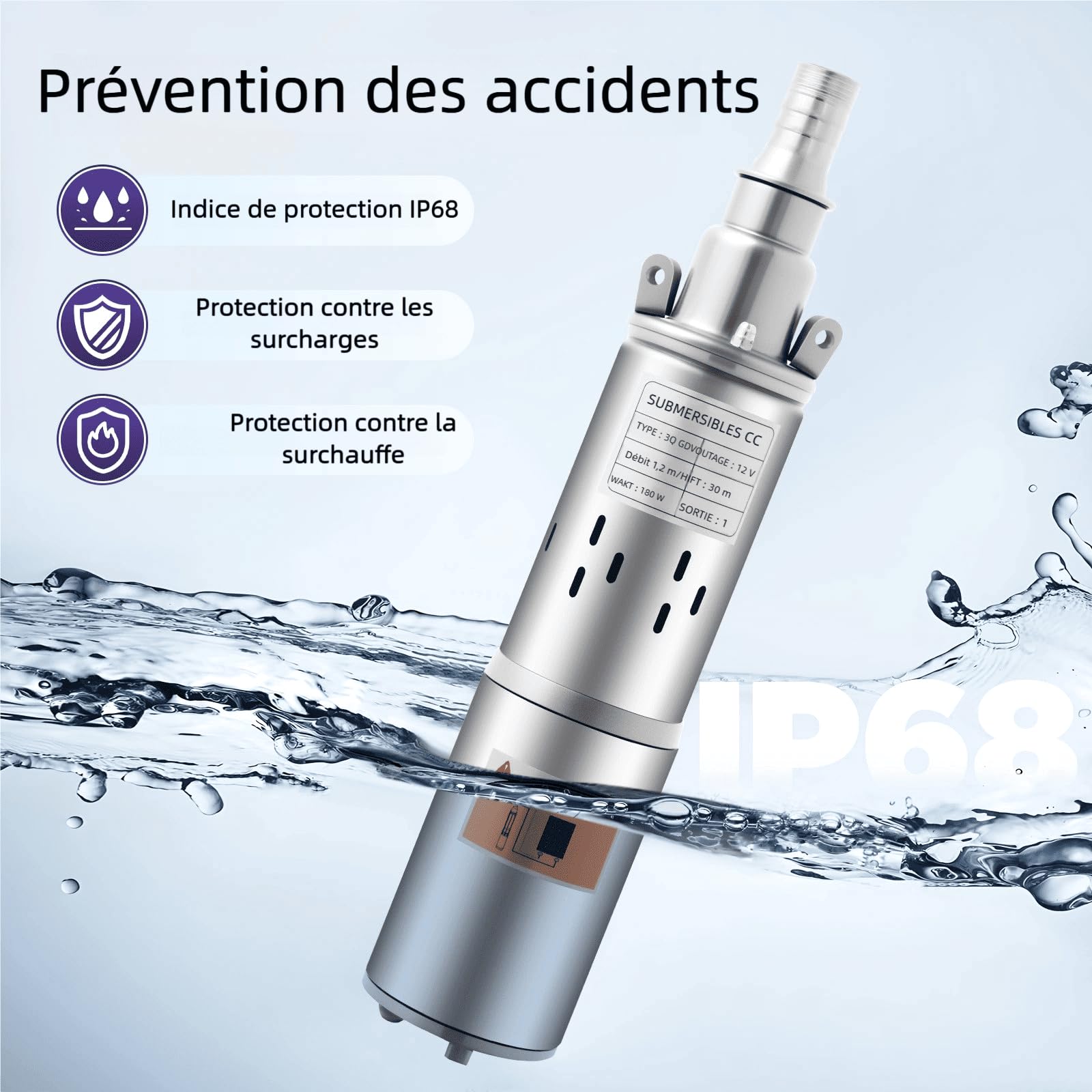 Pompe Immergée pour Puits Profond Solaire, 12V 180W 1000L/H 30m, Pompe de Puits Submersible, Pompe à Eau en Inox, IP68, Silencieuse (0-30dB), pour Irrigation Jardin Ferme Maison