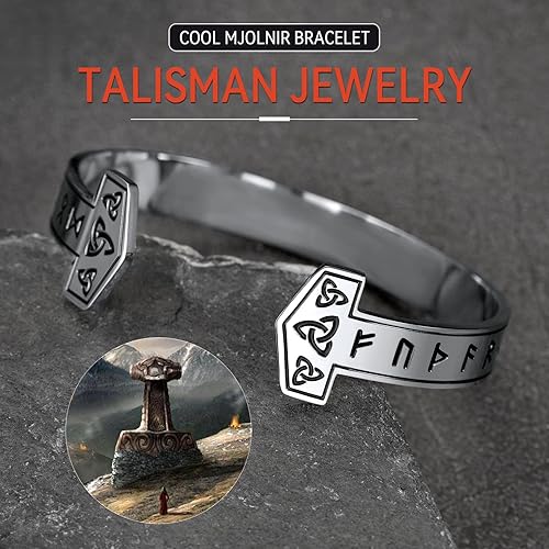 Vista 3 de FaithHeart Brazalete vikingo para hombres y mujeres, de acero inoxidable, martillo de Thor, lobocelta, con nudo personalizado personalizable