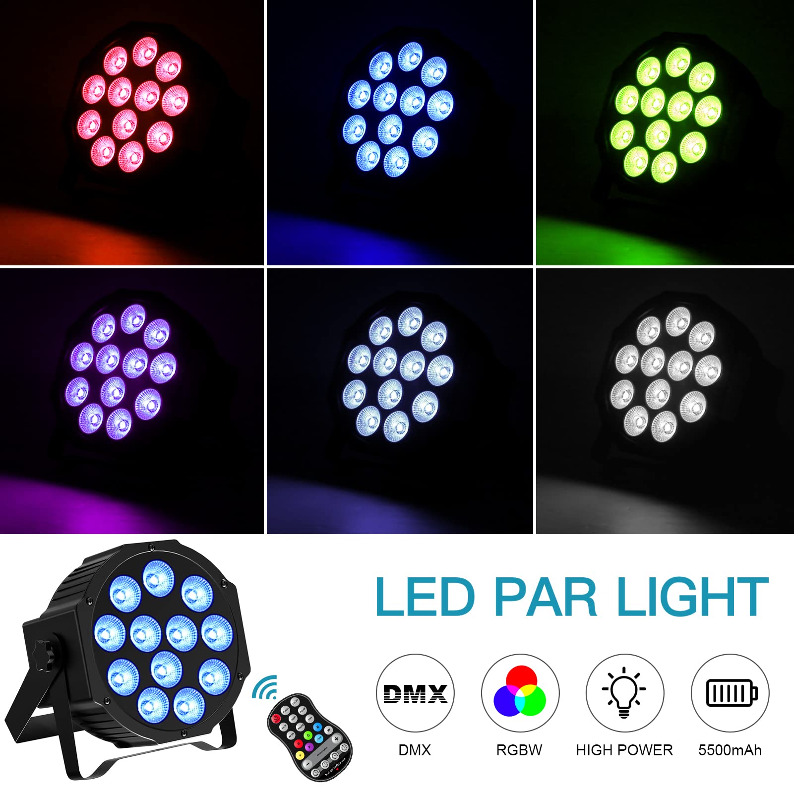 2 Pezzi Par LED Batteria Ricaricabile, RGBW 12 LED Luci da Palco con Telecomando e Funzione Timer, 8CH Illuminazione Palco per Feste DJ Bar Banda Concerto Club Christmas