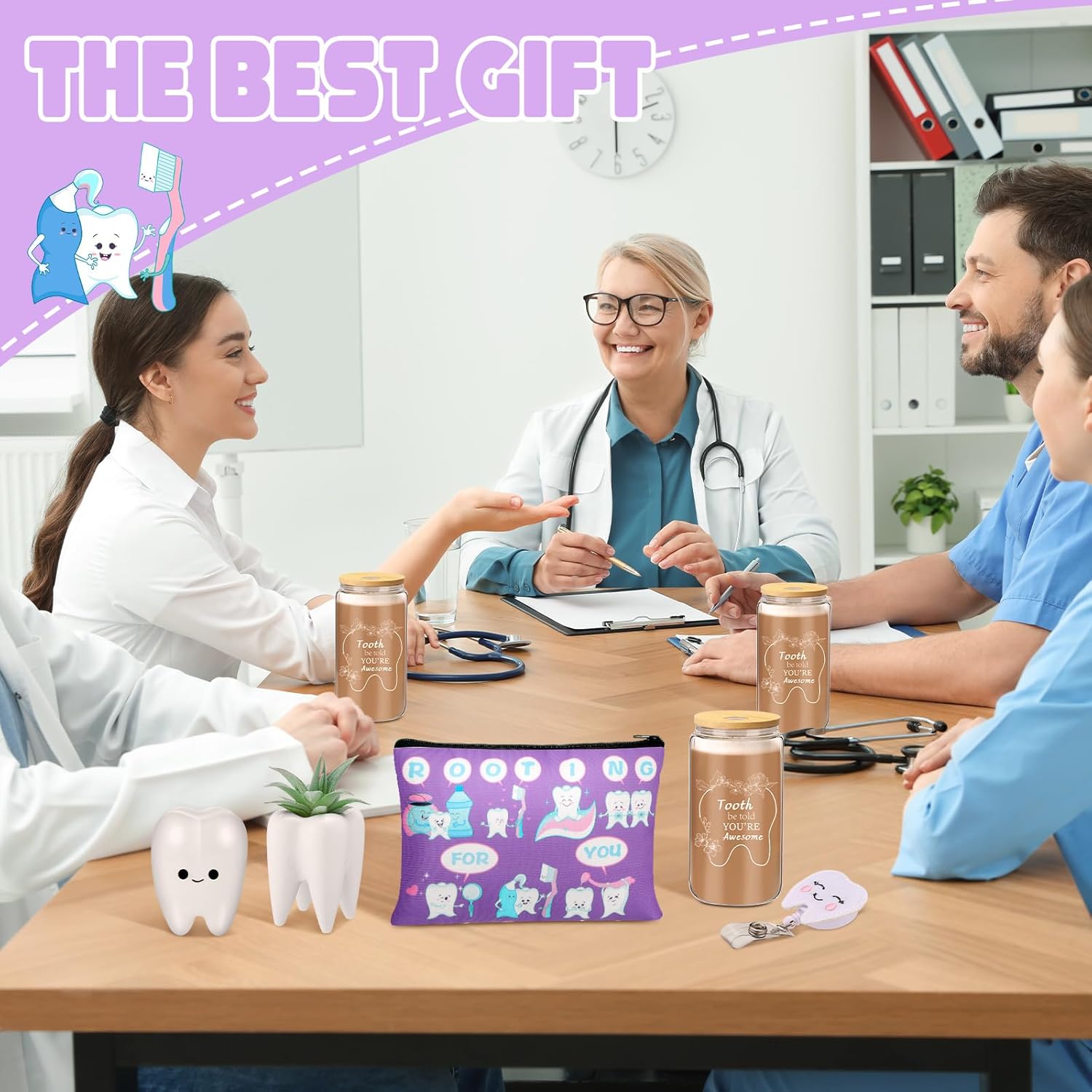 Pickmesh 6 Pcs Dental Gifts Nurse Assistant Hygienist Gifts 16 oz Glass Cups with Lid Makeup Bag Smiling Tooth Shape Felt Badge Holder Ceramic Pen Toothbrush Pot for Women Coworkers(Purple) - Image 5