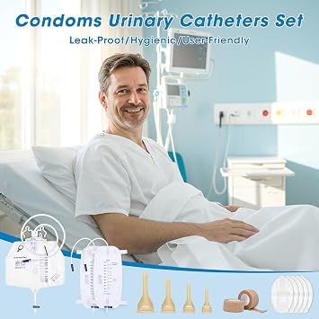 Condom Catheters for Incontinence Men, Urinary Drainage Bag Set, 4000mL Overnight Urine Bags x 1, 1000mL Urinary Leg Bags x 2, 20 Soft Latex, 5 Stabilization Device, 2 Roll Tapes Set (30mm)