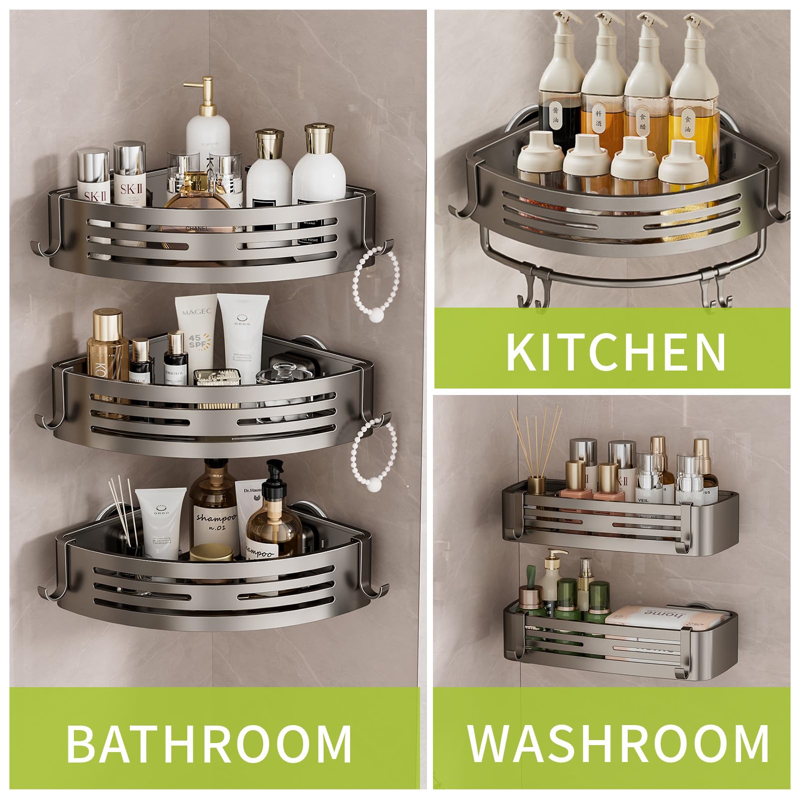Organizador de ducha con ventosa, organizador de ducha, estante de baño extraíble, succión de almacenamiento, potente capacidad máxima de 22 libras, soporte impermeable, metal gris (estante de