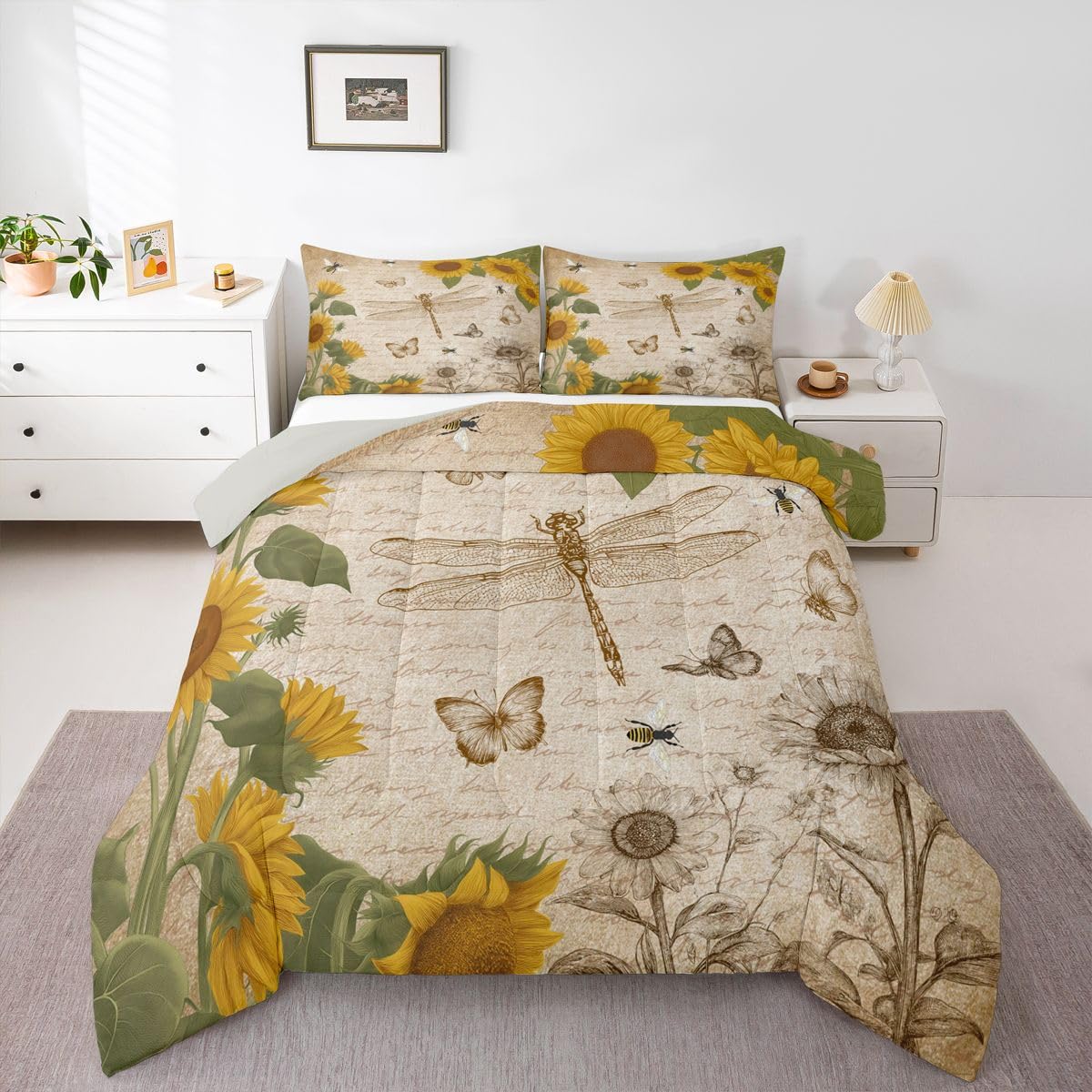 Dragonfly Bedding Sets Full Botanical Floral Comforter Set Sunflower Bedding for Boys Girls Vintage Style Duvet Insert Wild Animals Dragonfly Quilt