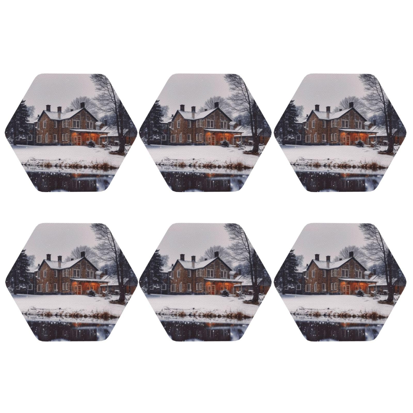6pcs Leather Coasters for Drinks, Winter Farmhouse Drink Coasters for Tabletop Protection, 4" Cup Coasters for Coffee Table Decor, Non-Slip Drinking Cup Mat for Hot Or Cold Drink