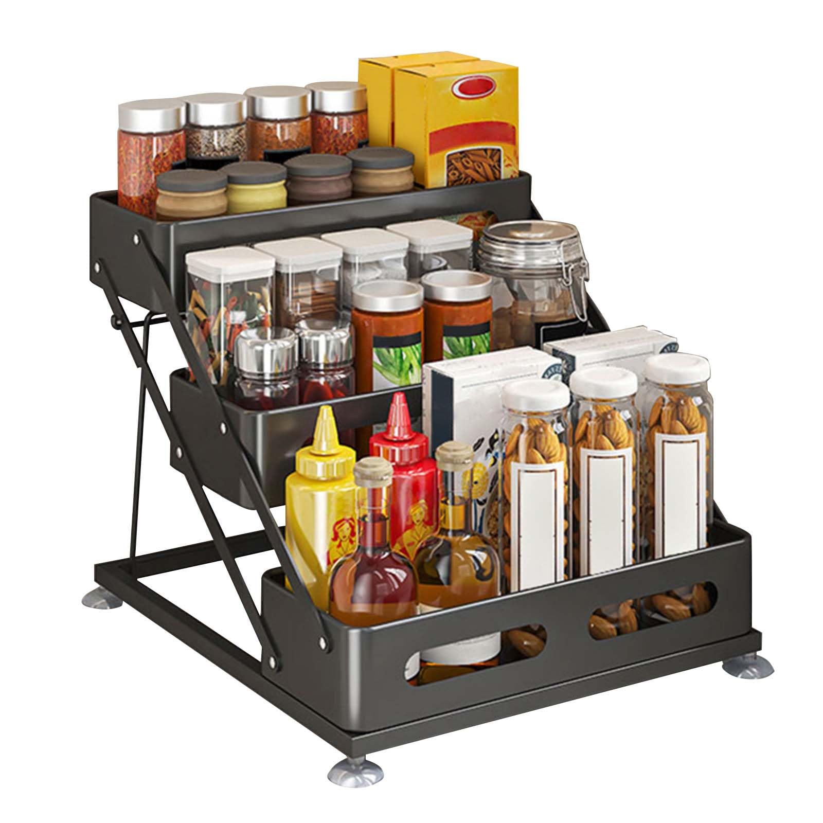 GarveeMore Spice Racks Organiser - 3 Tier Iron Spice Shelf Kitchen Seasoning Organizer with Suction Cup at the Bottom, Foldable, Adjustable Height, for Kitchen, Countertop, Pantry, Bathroom, Black