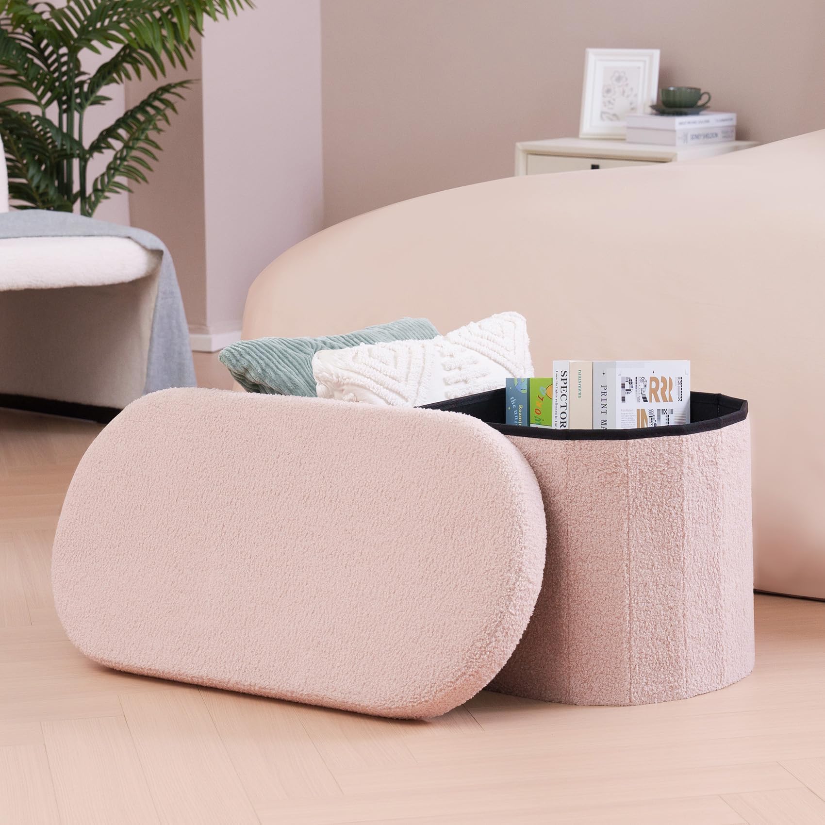 Bonlife Baúl Plegable,Puff Almacenaje, Taburete Reposapiés,Banco pie de Cama, para Sala de Estar, Dormitorio, Entrada, Rosa, Forma Ovalada,76x38x38 cm