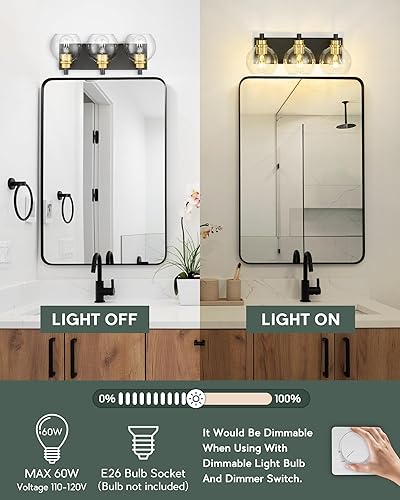 Miniatura 198 de VL195-GD-3 - Lámpara de tocador de baño de 3 luces de oro cepillado, apliques de pared modernos con pantalla de globo de vidrio transparente, luces