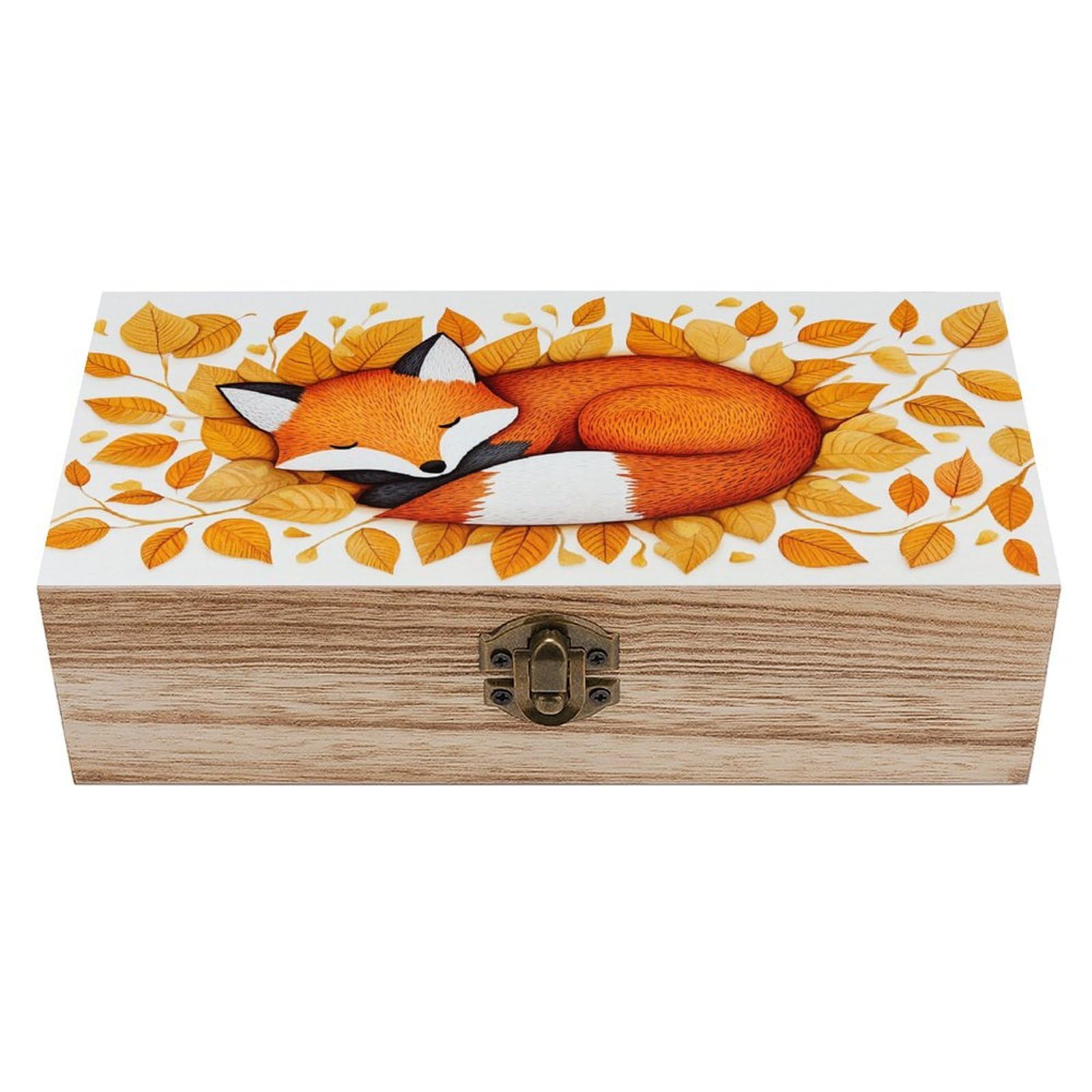 Ahdyr Sleepy Fox Wooden Storage Box with Hinged Lid And Front Clasp Large Keepsake Box