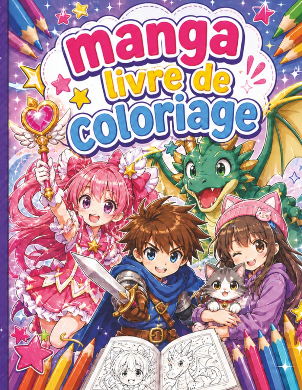 Manga Livre De Coloriage: Dessins manga et anime à colorier avec personnages adorables, dragons, chats, héroïnes magiques et aventures fantastiques pour filles et garçons