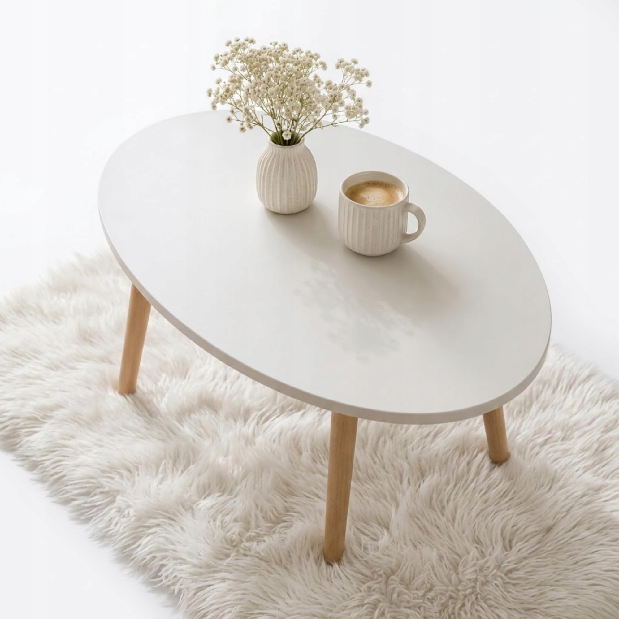 P&P Furniture - Mesa de centro ovalada de madera escandinava, 70 x 50 cm, color blanco, pequeña, mesa de salón, sofá, mesa blanca, madera, moderna