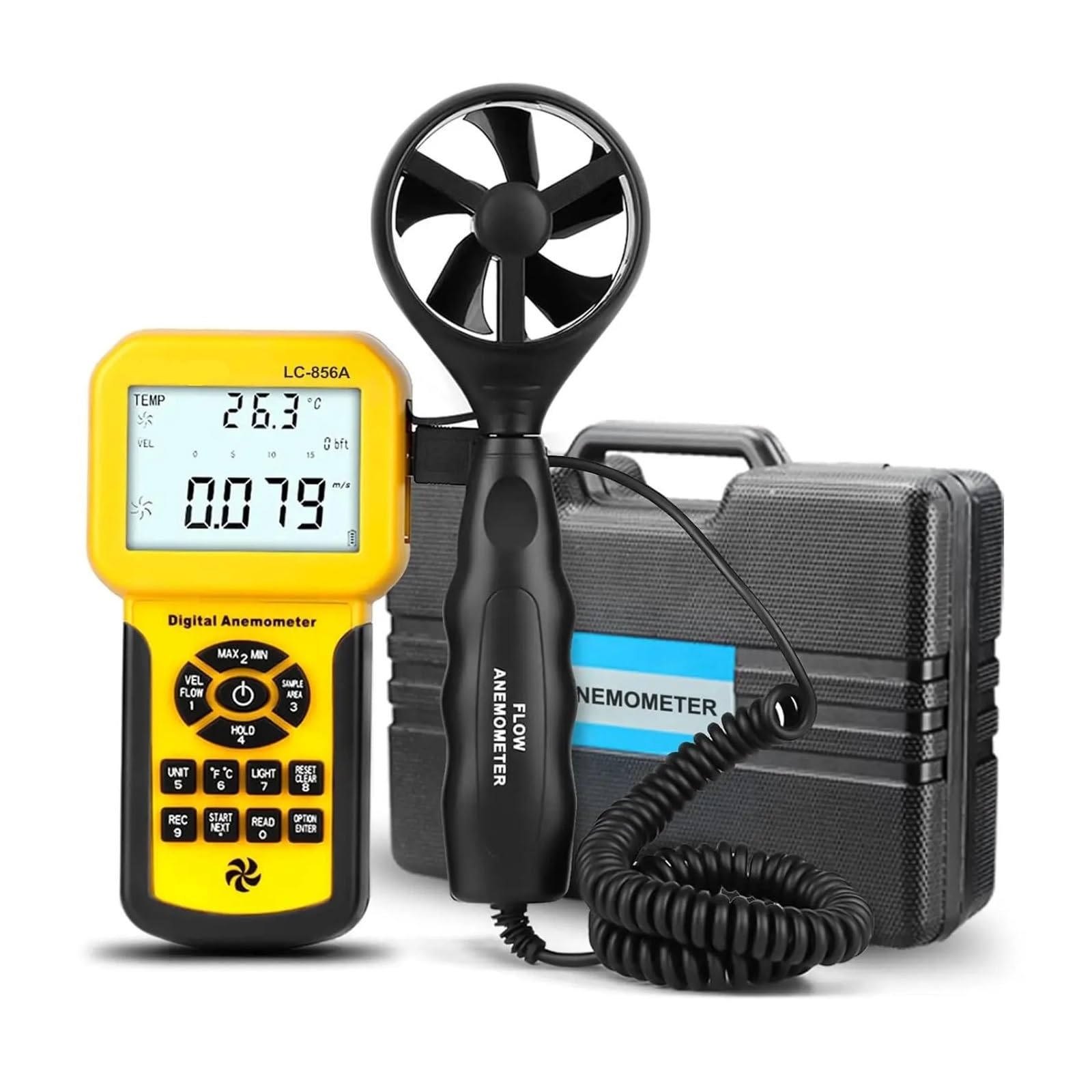 Medidor LC-856A CFM, anemómetro HVAC, medida manual, temperatura de velocidad del flujo aire, medidor viento con luz fondo, MAX MIN AVG for navegar(856A)