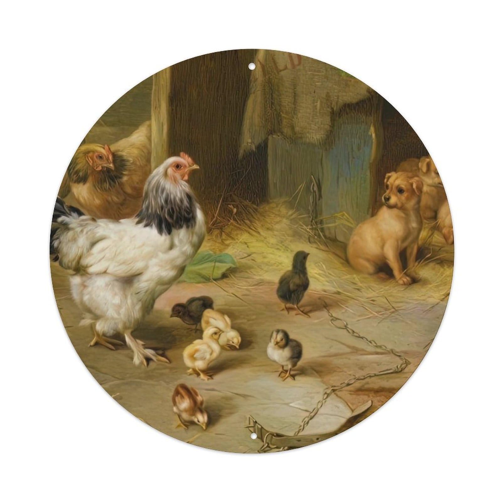 Vintage Animal Artwork Chickens And Dogs on The Farm Vintage Metal Tin Sign Plaque Wall Decor for Cafe, Club Bar, Office, Garden Metal Poster 8x8Inch