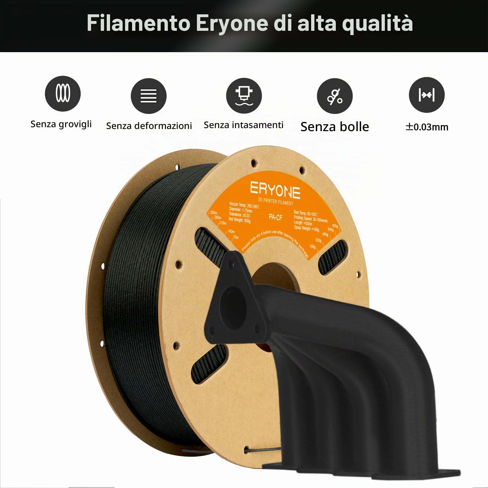 ERYONE Filamento in nylon PA12 in fibra di carbonio 1.75mm +/- 0.03mm per stampante 3D, 800 g/bobina