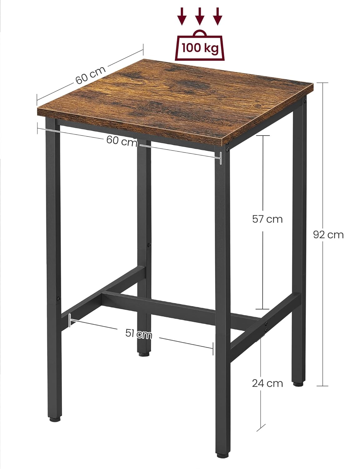 Diagram showing the dimensions of the VASAGLE LBT25X bar table: 60 cm length, 60 cm width, 92 cm height, with internal measurements for crossbars.